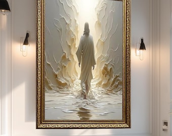 Jesus Walking in Light Canvas Wall Art – Minimalist Spiritual Poster with Flowing Texture and Divine Glow, Christian Religious Décor