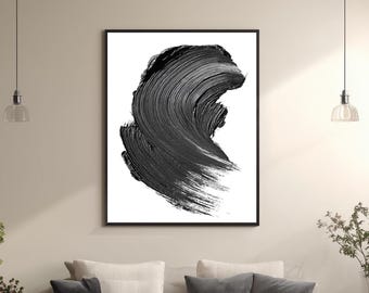 Minimalist Black Brush Stroke Wall Art – Abstract Monochrome Canvas Print – Modern Japandi Zen Style Home Decor Poster
