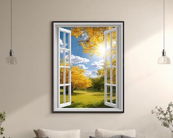 Open Window Wall Art with Autumn Landscape Sunny Golden Trees Scenic Nature View Home Decor