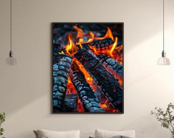 Burning Campfire Logs Canvas Wall Art – Cozy Rustic Firewood Flames Print, Warm Fireplace Decor for Cabin, Lodge, or Outdoor Lovers