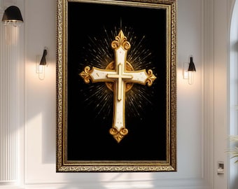 Gold and White Colors, Christian Cross Wall Art, Religious Canvas Print for Sacred and Spiritual Home Decor
