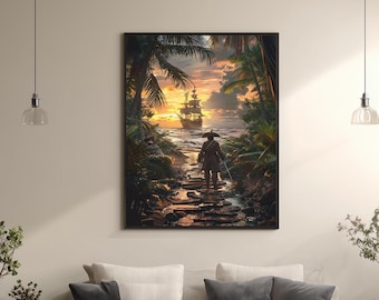 Pirate Ship Sunset Canvas Wall Art – Tropical Island Adventure Scene, Nautical Ocean Voyage Print for Coastal and Maritime Home Decor