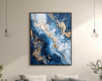 Abstract Navy Blue White and Gold Canvas Wall Art with Fluid Marble, Modern Luxury Elegant Print for Home