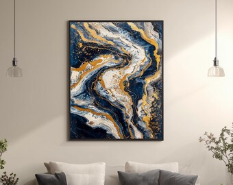 Abstract Navy Blue White and Gold Marble Canvas Wall Art with Fluid Print, Modern Luxury Home and Office Decoration