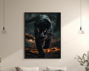 Black Panther Canvas Wall Art – Fierce Jungle Predator with Golden Eyes, Exotic Wild Cat Animal Print, Wildlife Home Decor for Living Room