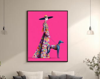 Modern Fashion Woman and Dog Canvas Wall Art Geometric Pop Art Style Colorful Illustration Print for Stylish Living Room or Studio