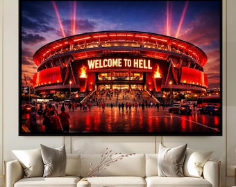 Stadium Canvas Print with Welcome to Hell Sign and Fiery Red Lights at Sunset Football Atmosphere Art