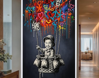Banksy Balloon Canvas, Balloon Poster, Banksy Art, Colorful Balloon Graffiti Art – Smiling Child in Basket | Urban Pop Street Wall Art Print