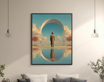 Surreal Man with Red Hat Canvas Wall Art Dreamlike Minimal Landscape Fantasy Reflection Print for Modern Home or Office Decor