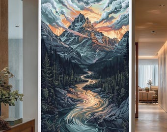 Golden Mountain River Landscape Canvas Wall Art with Dramatic Sky and Forest Scene, Stylized Nature Print for Modern Rustic Decor