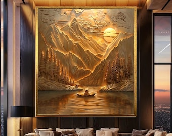 Golden Mountain River Canvas Wall Art – 3D Layered Wood Style Landscape with Sunset Glow, Forest Trees and Rowboat for Nature Decor