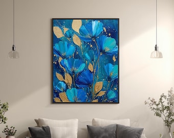 Blue and Gold Floral Canvas Wall Art Abstract Flower Painting Elegant Bloom Print for Modern Living Room or Bedroom Decor