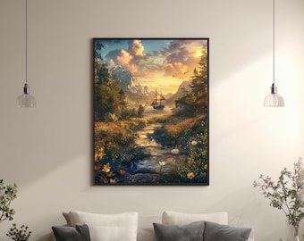 Fantasy Landscape Canvas Wall Art with River and Sailing Ship, Mountain Nature Print for Living Room, Sunset Forest Canvas Art