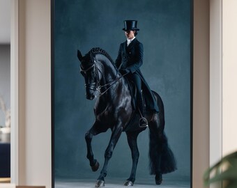 Luxury Dressage Horse Canvas Wall Art – Elegant Female Rider on Black Stallion in Classic Equestrian Pose for Sophisticated Decor