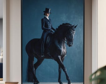 Graceful Dressage Rider Canvas Wall Art – Elegant Woman on Black Horse in Equestrian Attire for Classic and Luxury Home Decor