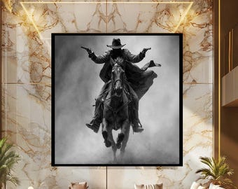 Wild West Cowboy Canvas Wall Art, Black and White Gunslinger Riding Horse with Revolvers Dramatic Western Print