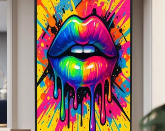 Rainbow Lips Wall Art Canvas – Dripping Pop Art Print on Yellow Background, Color Splash Graffiti Style Modern Artwork for Bold Décor