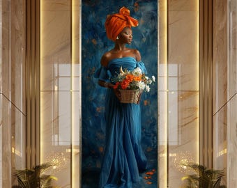 African Woman Wall Art Print Floral Basket Portrait Canvas Art Bold Headwrap Blue Dress Boho Home Decor