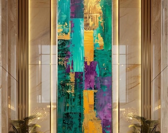 Abstract Vertical Brush Stroke Wall Art in Emerald Green, Purple and Gold, Modern Luxury Canvas Print for Bold Contemporary Decor