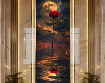 Red Rose Moonlight Wall Art Print Fantasy Flower Poster Dark Romantic Floral Canvas Art Surreal Night Decor