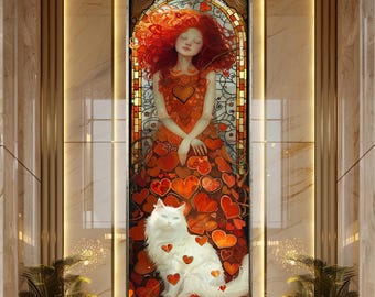 Red Haired Girl Cat Wall Art Fantasy Heart Dress Illustration Canvas Art Romantic Fairytale  Stained Glass Style