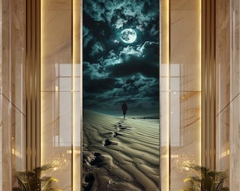 Lonely Desert Walk Wall Art Full Moon Night Sky Canvas Art Surreal Landscape Dark Atmosphere Photo Print