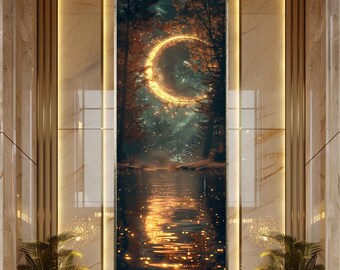 Magical Crescent Moon Forest Wall Art Fantasy Night Scene Canvas Art Golden Glow Reflection Landscape Print