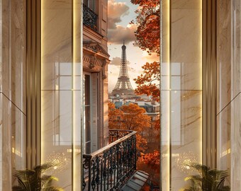Romantic Paris Balcony View Wall Art with Eiffel Tower and Autumn Trees, Cozy Travel-Themed Canvas Print for French or Boho Decor
