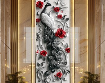 Elegant Black and White Peacock Wall Art with Red Roses and Ornamental Floral Details, Luxury Canvas Print for Glamorous Home Decor