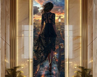 Elegant Woman Cityscape Art Print Night City View Fashion Canvas Art Powerful Feminine Aesthetic Wall Decor