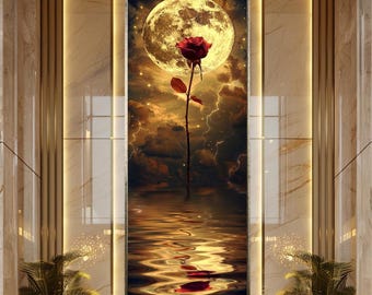 Mystical Red Rose and Full Moon Wall Art with Water Reflection and Lightning, Fantasy Romance Canvas Print for Dreamy or Gothic Decor