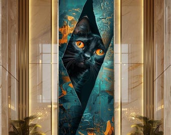 Black Cat Wall Art Orange Eyes Poster Abstract Fantasy Feline Canvas Art Teal Gold Background Cat Lover Decor