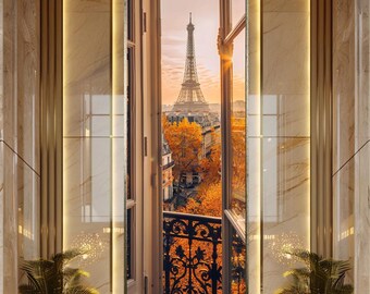 Paris Balcony View Wall Art Eiffel Tower Autumn Scene Canvas Art Romantic Cityscape Print French Window