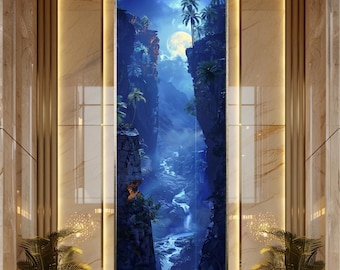 Fantasy Moonlit Canyon Wall Art Canvas Landscape Poster Tropical Waterfall Print Mystical Nature Scene Night Sky Decor