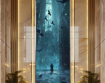 Dark Fantasy Cathedral Wall Art Gothic Architecture Canvas Art Mysterious Raven Scene Epic Atmosphere Print