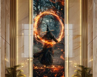 Witch Fire Magic Wall Art Fantasy Sorceress Canvas Art Dark Forest Spell Artwork Halloween Decor Print