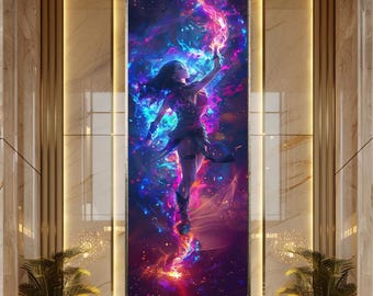 Powerful Sorceress Wall Art Magic Fantasy Woman Canvas Art Neon Fire Glow Spell Caster Warrior Decor Print