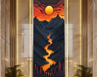 Abstract Sunset Mountain Canvas Wall Art, Layered Paper Cut Style Landscape with Glowing River, Modern Nature Decor Print