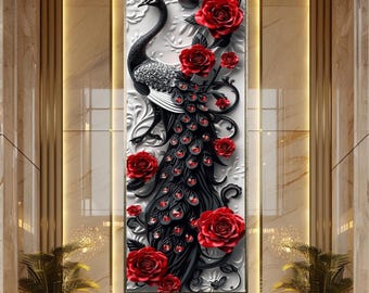 Elegant Black Peacock Wall Art Red Rose Luxury Canvas Art Floral Bird Decor Glam Statement Art For Home