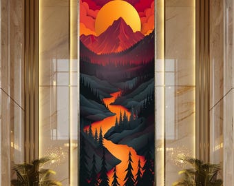 Modern Sunset Mountain Canvas Wall Art, Abstract Red and Orange Landscape with River and Pine Forest, Minimal Nature Decor Print