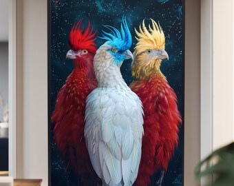 Fantasy Colorful Birds Canvas Wall Art with Red, Blue, and Yellow Feathers in Space Theme, Vibrant Modern Animal Print for Home Decor