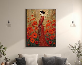 Golden Woman in Red Dress Canvas Wall Art Klimt Style Poppy Field Painting Feminine Floral Print for Elegant Bedroom or Living Decor