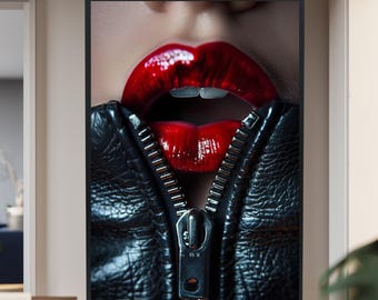 Red Lips and Zipper Wall Art Canvas – Sexy Close-Up Glossy Lip Poster with Leather Jacket, Bold Modern Print for Bedroom Décor