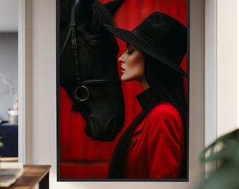 Woman and Black Horse Canvas Wall Art – Fashion Portrait with Red Background, Emotional Equestrian Photography Print for Bold Modern Décor