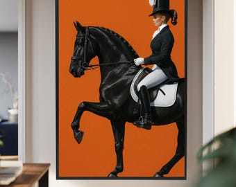 Equestrian Woman on Black Horse Canvas Wall Art – Elegant Rider in Top Hat Modern Dressage Poster with Orange Background for Horse Lovers