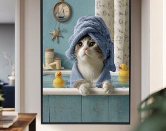 Funny Cat Bathroom Wall Art with Rubber Ducks and Towel Turban, Nautical Blue Bathtub Scene for Cute Pet Lovers and Kids Decor