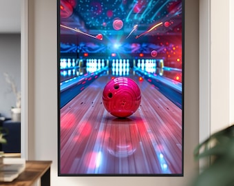 Neon Glow Bowling Ball Canvas Wall Art For Game Room Decor And Colorful Sport Themed Interior In Modern Entertainment Spaces