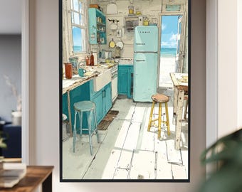 Beach Cottage Kitchen Wall Art with Retro Aqua Cabinets and Ocean View, Coastal Pastel Interior Print for Nautical Summer Decor