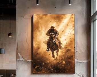 Wild West Cowboy Action Canvas Wall Art, Horse Rider in Dust Storm Dramatic Western Landscape Print