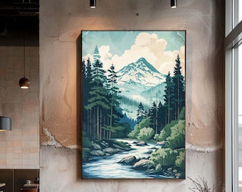 Vintage Mountain Landscape Canvas Wall Art, Pine Forest River Scenic Nature Illustration Retro Style Print